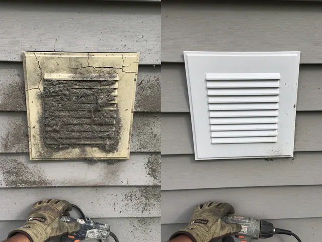 Wilton Dryer Vent Cleaning technician installing high-quality dryer vent cover at a residential property in Wilton