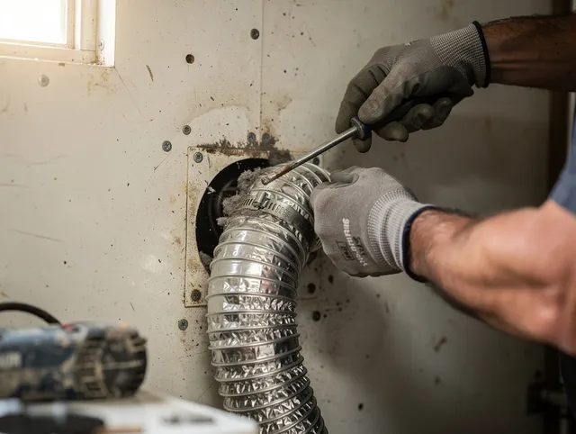 Wilton Dryer Vent Cleaning technician performing precise dryer vent hose installation in Wilton